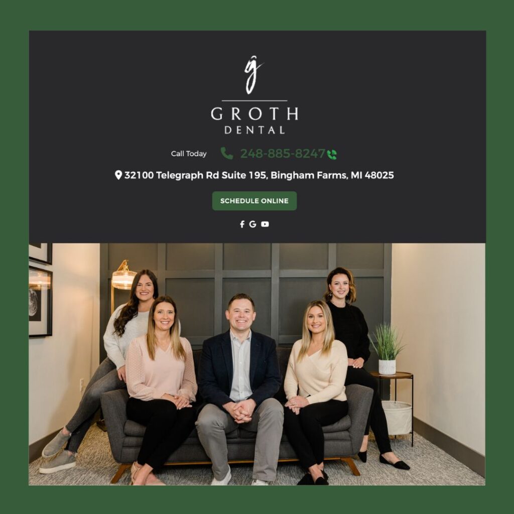 Comfortable and family-friendly reception area of Groth Dental in Bingham Farms, MI, featuring colorful decorations, cozy seating, and educational dental health posters